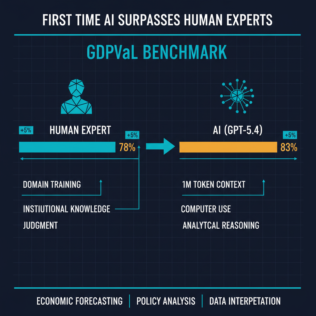 GPT-5.4 GDPVal benchmark score comparison: 83% AI vs 78% human experts