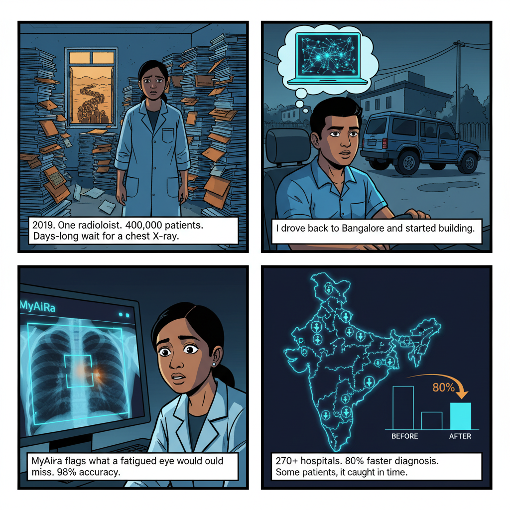 4-panel comic: Five years deploying medical AI across 270 Indian hospitals